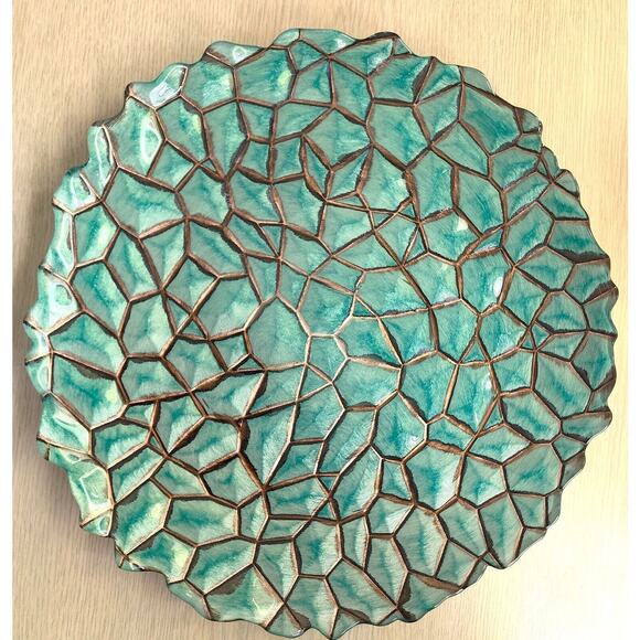 GLASS DECORATIVE DISH-Green Turquoise-Mosaic Pattern-Silver Back-12.5" Diameter - Picture 6 of 10
